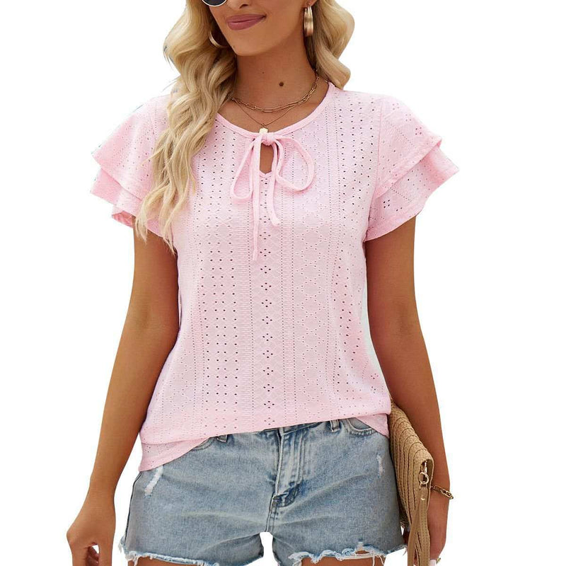 Womens Shirts Hole Hollow-out Lace-up Double-layer Sleeve Top Loose 