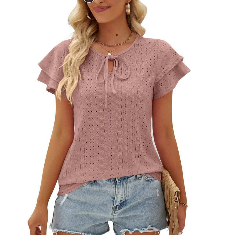 Womens Shirts Hole Hollow-out Lace-up Double-layer Sleeve Top Loose 