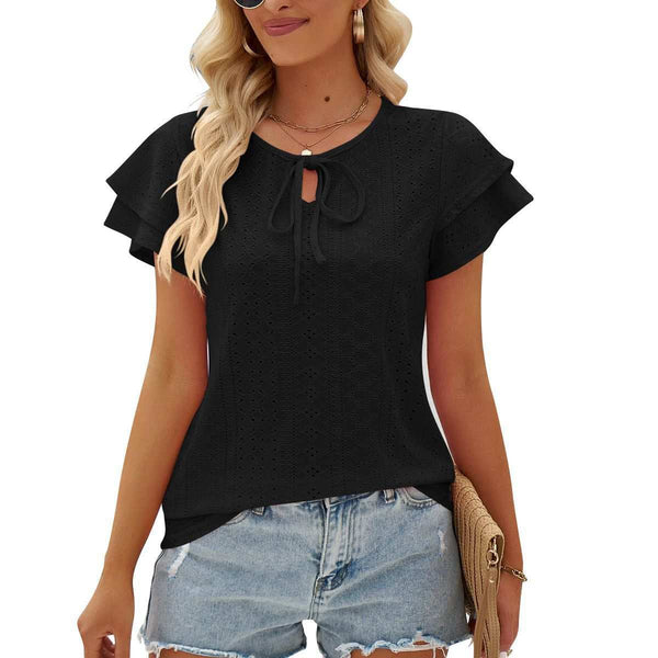 Womens Shirts Hole Hollow-out Lace-up Double-layer Sleeve Top Loose 