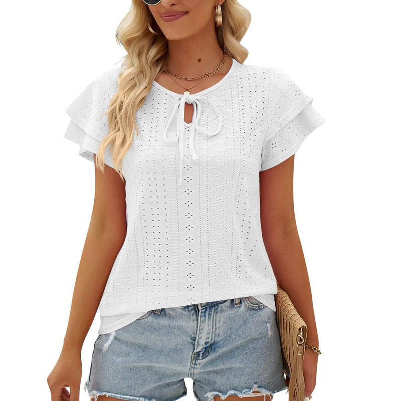 Womens Shirts Hole Hollow-out Lace-up Double-layer Sleeve Top Loose 