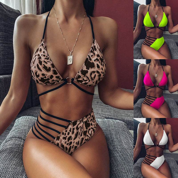 2-piece bikini leopard print strap high waisted swimsuit set summer