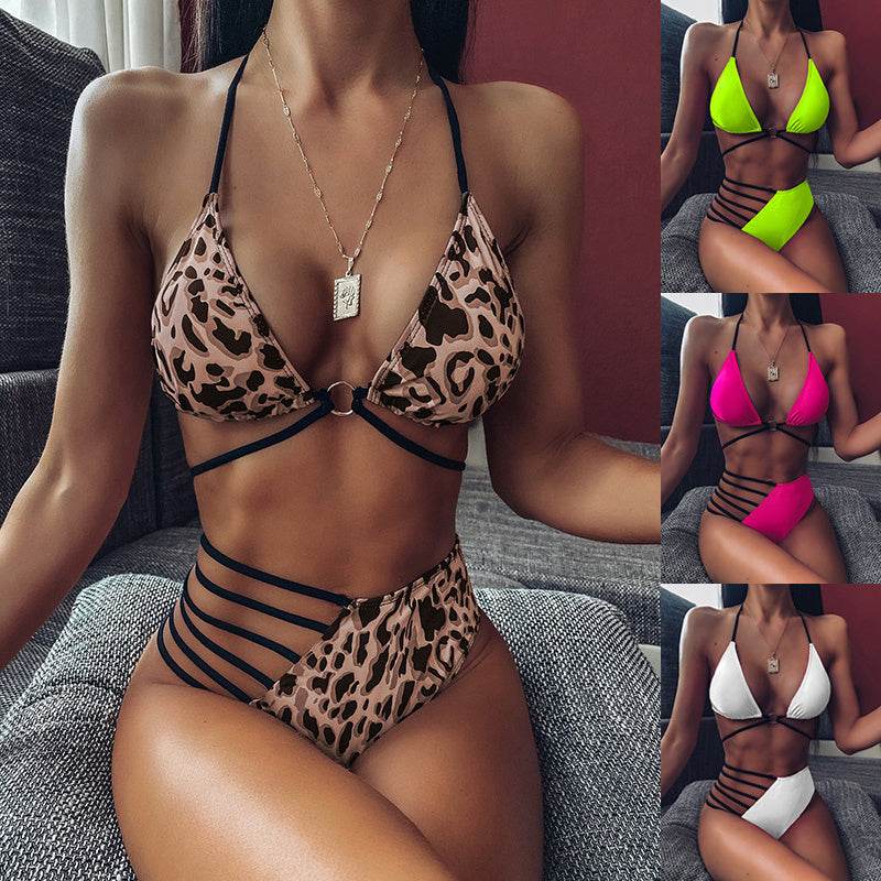 2-piece bikini leopard print strap high waisted swimsuit set summer